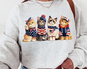 Patriotic Cat Sweatshirt, 4th of July Cat Lover Hoodie, Cute USA Cat Sweater, Cat Mom Crewneck, Red White Blue Hoodie, rur608