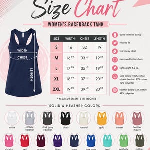 The image is a size chart for a women's racerback tank, providing measurements and solid/heater colors in inches.