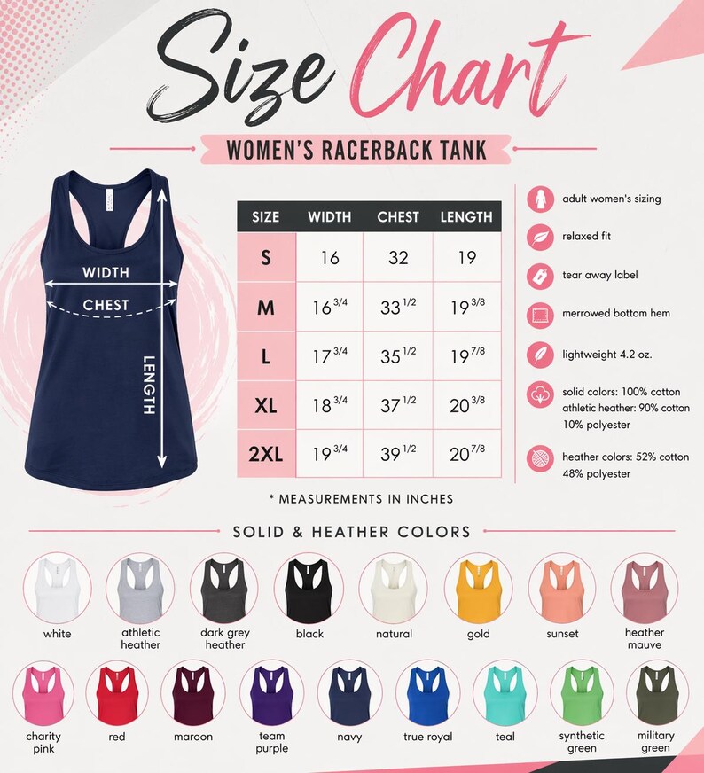 The image is a size chart for a women's racerback tank, providing measurements and solid/heater colors in inches.