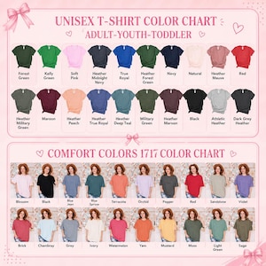 The image is a color chart for adult-young-toddler clothing, featuring a variety of t-shirt colors and styles.
