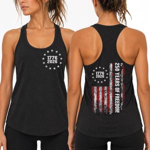 a woman wearing a black tank top with a patriotic design on the back.