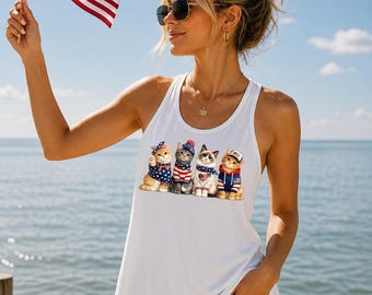 Patriotic Cats Racerback, Funny USA Kittens Tee, American Flag Tank Top, Independence Day Shirt, 4th of July Cat Lover Vneck, rur608