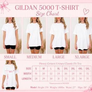 The image is a size chart for a GILDA 5000 T-shirt, showing the different sizes available in a collage of four images.