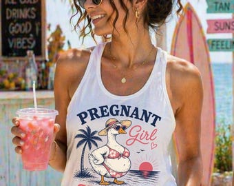 Pregnant Girl Summer Racerback Tank Top, Funny Pregnancy Summer Shirt, Beach Maternity Tank, Cute Duck Mom To Be Tank, rur612