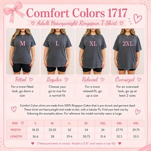 The image is a collage of four images showing different sizes of adult heavyweight ringspun t-shirts. The images feature a woman wearing each size, and the t-shirts are described in terms of width, length, and comfort colors.