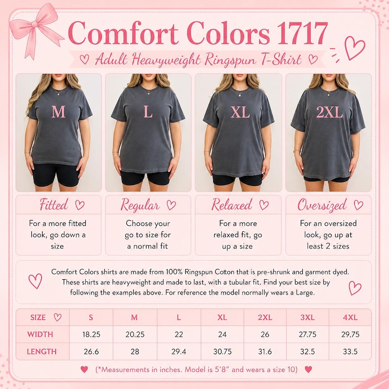 The image is a collage of four images showing different sizes of adult heavyweight ringspun t-shirts. The images feature a woman wearing each size, and the t-shirts are described in terms of width, length, and comfort colors.