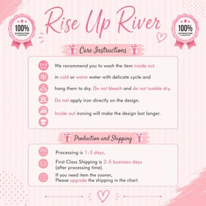 care instructions and production and shipping information for a product, with a pink and white color scheme.