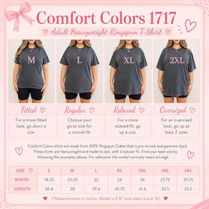 The image is a collage of four images showing different sizes of adult heavyweight ringspun t-shirts. The images feature a woman wearing each size, and the t-shirts are described in terms of width, length, and comfort colors.