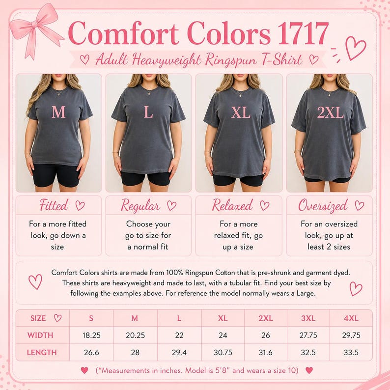The image is a collage of four images showing different sizes of adult heavyweight ringspun t-shirts. The images feature a woman wearing each size, and the t-shirts are described in terms of width, length, and comfort colors.