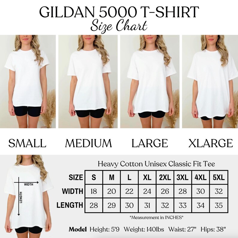 The image is a size chart for a GILDA 5000 T-shirt, showing the different sizes available in a collage of four photos.