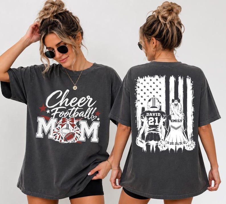 Football Mom Shirt, Cheer Football Mom Tee, Personalized Football Family Shirt, Game Day Shirt, Sports Mom Gift, Custom Football, rur580 image 1