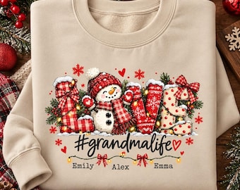 Personalized Grandma Christmas V-Neck Shirt, Snowman Love Tee, Custom Grandkids Names, Nana Mimi Gigi Gift for Women, Grandmalife Holiday