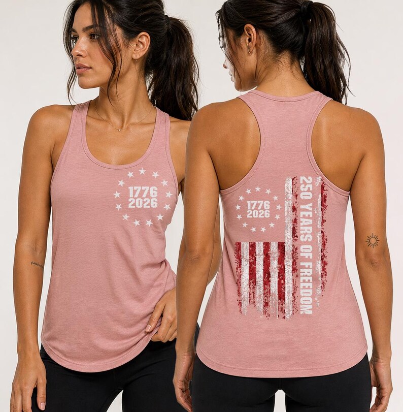 a woman wearing a pink tank top with a design on the back.