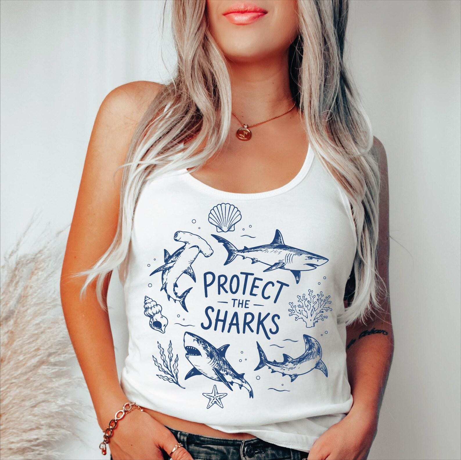 Protect the Sharks Racerback, Shark Lover Tank Top, Ocean Conservation Gift, Marine Life Vneck Tee, rur722