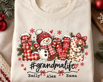 Personalized Grandma Christmas Shirt, Snowman Love Tee, Custom Grandkids Names, Nana Mimi Gigi Gift, Grandmalife Holiday, rur8649