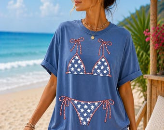 Comfort Colors® USA Bikini Top T Shirt, Red White Blue Swimsuit Shirt, Vacation Tee, Beach T-Shirt, rur616