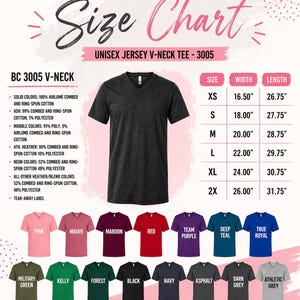 The image is a size chart for a unisex v-neck t-shirt, featuring a black v-neck t-shirt and various color options.