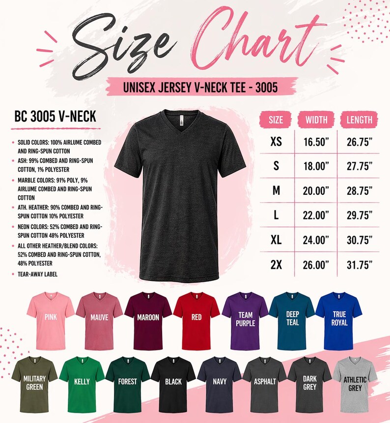 The image is a size chart for a unisex v-neck t-shirt, featuring a black v-neck t-shirt and various color options.