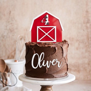 Barn Age Cake Topper & Name Set | Name Age Cake Charm | Farm Cake Topper | Cow Print Cake topper | Red Barn Cake | Farmer Cake | Farm Animal