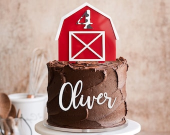 Barn Age Cake Topper & Name Set | Name Age Cake Charm | Farm Cake Topper | Cow Print Cake topper | Red Barn Cake | Farmer Cake | Farm Animal