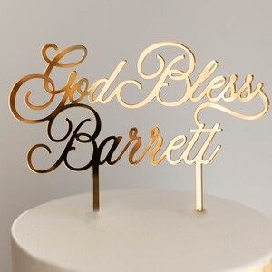 Script Name Baptism Cake Topper | 6" Wide Cake Topper | Christening Name Cake Topper | God Bless Cake Topper | Birthday Topper | Gold Topper