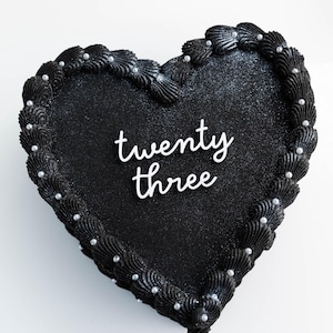 May include: A black heart-shaped cake with silver sprinkles and a white frosting border. The cake is decorated with the words "twenty three" in white frosting.