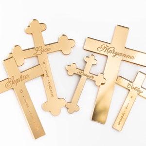 Name Engraved Baptism Cross Acrylic Cake Charm | Custom Name Gold Cross | Baptism Name Cake Charm | First Holy Communion  | Christening Cake