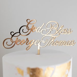 Script Name Baptism Cake Topper 6 Wide Cake Topper Christening Name Cake Topper God Bless Cake Topper Birthday Topper Gold Topper image 5