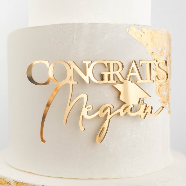 Congrats Name Acrylic Cake Charm | Graduation Cake Topper | Grad Cap Cake Décor | College Graduation Cake | Gold Cake Topper | 2024 Cake