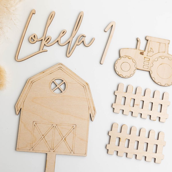 Wooden Farm Themed Cake Topper Set | Barn Cake Topper | Farm Theme Birthday Cake | Tractor Birthday Cake | Fence Set | Farm Themed Cake Set