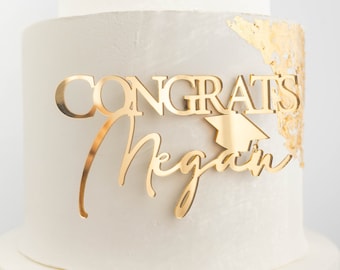 Congrats Name Acrylic Cake Charm | Graduation Cake Topper | Grad Cap Cake Décor | College Graduation Cake | Gold Cake Topper | 2024 Cake