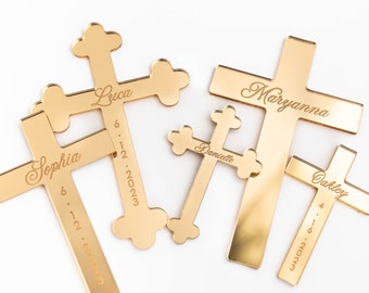 Name Engraved Baptism Cross Acrylic Cake Charm | Custom Name Gold Cross | Baptism Name Cake Charm | First Holy Communion  | Christening Cake