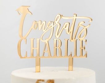 Congrats Name Acrylic Cake Topper | Graduation Cake Topper | Grad Cap Cake Décor | College Graduation Cake | Gold Cake Topper | 2024 Cake