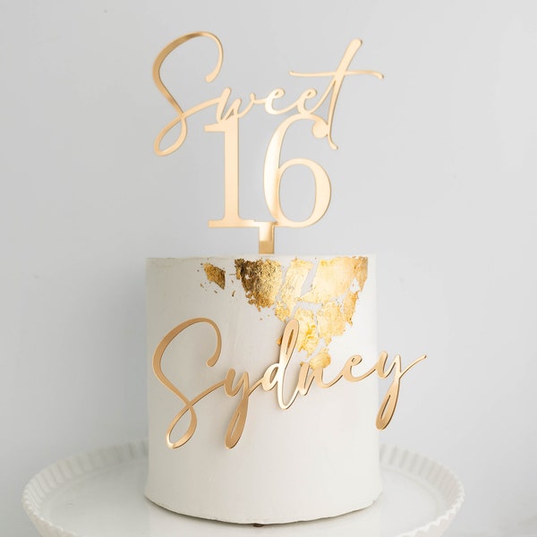 Adorno para tarta de 16 años con nombre y dije / Adorno acrílico para tarta / Adorno para tarta de dieciséis cumpleaños / Adorno para tarta número 16 / Adorno elegante para tarta