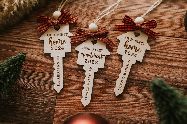 Our First Home Christmas Wooden Engraved Ornament 2024 My First Home Key Ornament Our First Apartment Realtor Gift House Warming image 2