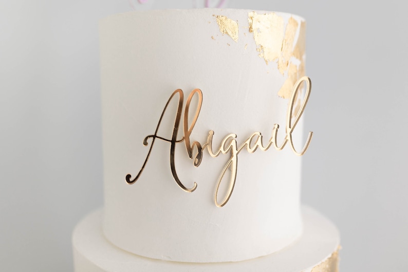 Thin Script Name Acrylic Cake Charm Custom Cake Charm Birthday Cake Charm Name Cake Plaque Wedding Cake Charm Gold Cake Charm image 1