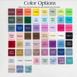 Pu&ograve; includere: Una tabella colori che mostra vari campioni quadrati in acrilico etichettati con nomi tra cui Burgundy, Red, Orange, Yellow, Butter Yellow, Sage, Lime, Hunter Green, Olive, Dark Green, Ice Blue, Baby Blue, Mint Blue, Sky Blue, Teal e altri.