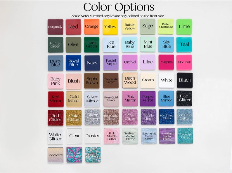 Pu&ograve; includere: Una tabella colori che mostra vari campioni quadrati in acrilico etichettati con nomi tra cui Burgundy, Red, Orange, Yellow, Butter Yellow, Sage, Lime, Hunter Green, Olive, Dark Green, Ice Blue, Baby Blue, Mint Blue, Sky Blue, Teal e altri.