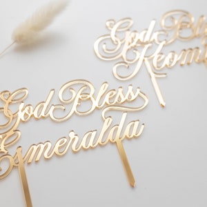 Script Name Baptism Cake Topper 6 Wide Cake Topper Christening Name Cake Topper God Bless Cake Topper Birthday Topper Gold Topper image 3