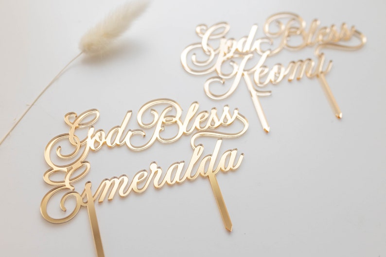 Script Name Baptism Cake Topper 6 Wide Cake Topper Christening Name Cake Topper God Bless Cake Topper Birthday Topper Gold Topper image 3