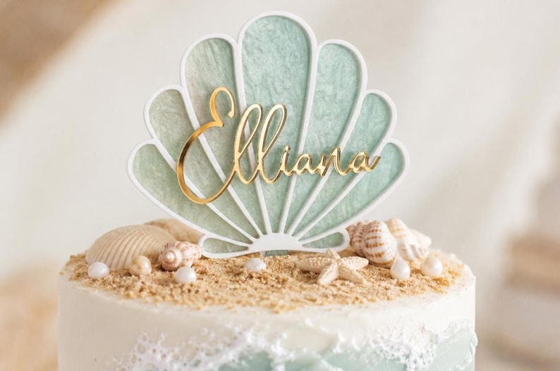 Seashell Name Cake Topper Acrylic 4.5"W | 3D Seashell Mermaid Cake Topper | Mermaid Pastel Cake Topper | Mermaid Cake Topper | Seashell Cake immagine 6
