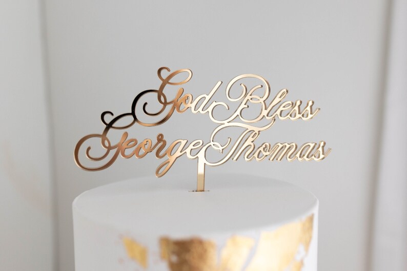 Script Name Baptism Cake Topper 6 Wide Cake Topper Christening Name Cake Topper God Bless Cake Topper Birthday Topper Gold Topper image 5