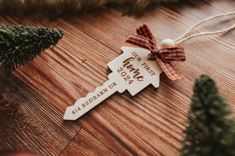 Our First Home Christmas Wooden Engraved Ornament 2024 My First Home Key Ornament Our First Apartment Realtor Gift House Warming image 1