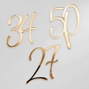 May include: Three gold-colored, cursive-style numbers, 34, 50, and 27, on a white background.