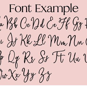 Pu&ograve; includere: Una grafica su sfondo rosa chiaro che presenta il testo Font Example in alto, seguito dall'alfabeto completo in maiuscolo e minuscolo scritto con un carattere corsivo nero e fluido, disposto su quattro righe distinte.