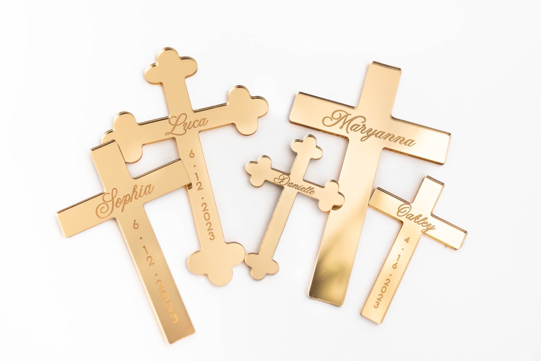 cross Name Engraved Baptism Cross Acrylic Cake Charm | Custom Name Gold