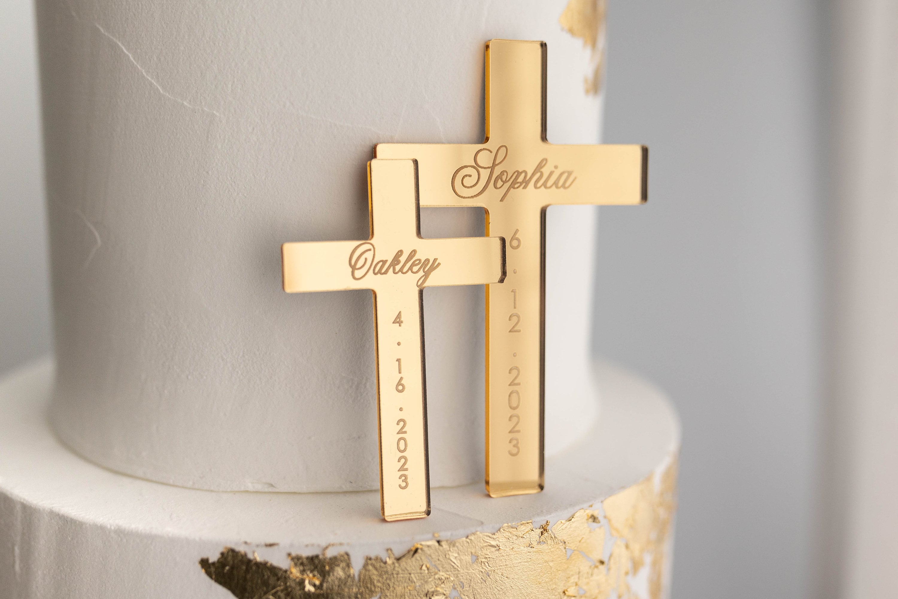 cross Name Engraved Baptism Cross Acrylic Cake Charm | Custom Name Gold