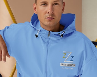 May include: A light blue hooded jacket with a zipper closure. The jacket has a logo on the front that says "ZZ Team ZZSOU Your Name Here".
