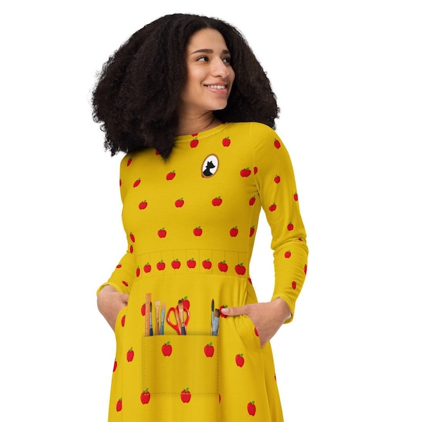 Fantastic Mr. Fox - Mrs Fox Apple Pattern with brushes - Wes Anderson - All-over print long sleeve midi dress costume