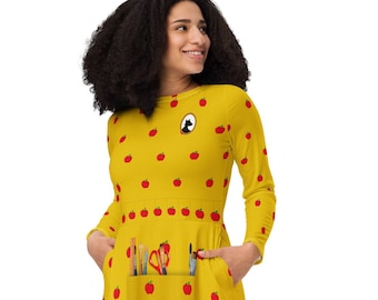 Mr Fox - Mrs Fox Apple Pattern with brushes - Wes Anderson - All-over print long sleeve midi dress costume